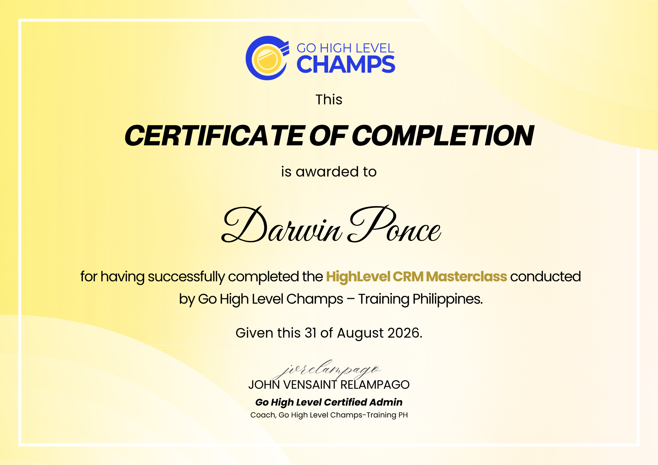 HighLevel CRM Masterclass Certificate — Darwin Ponce